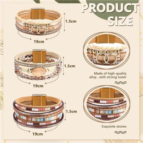 Boho Leather Wrap Bracelets for Women - Stackable Cuff Bangle with Beads - Picture 2 of 7